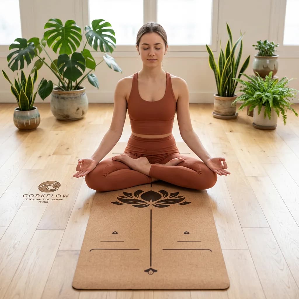 Tapis de yoga liège Lotus Alignement Corkflow — motif lotus lignes d'alignement léger pliable — En situation