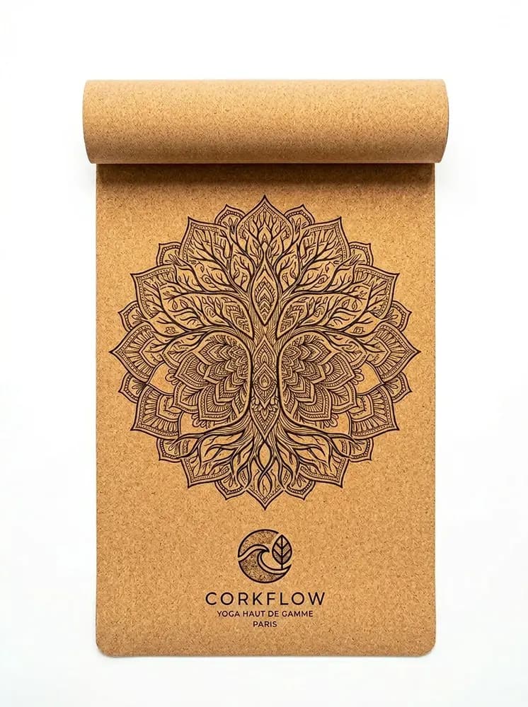 Tapis de yoga en liège Arbre de Vie Corkflow — grand format 200x80 cm design mandala