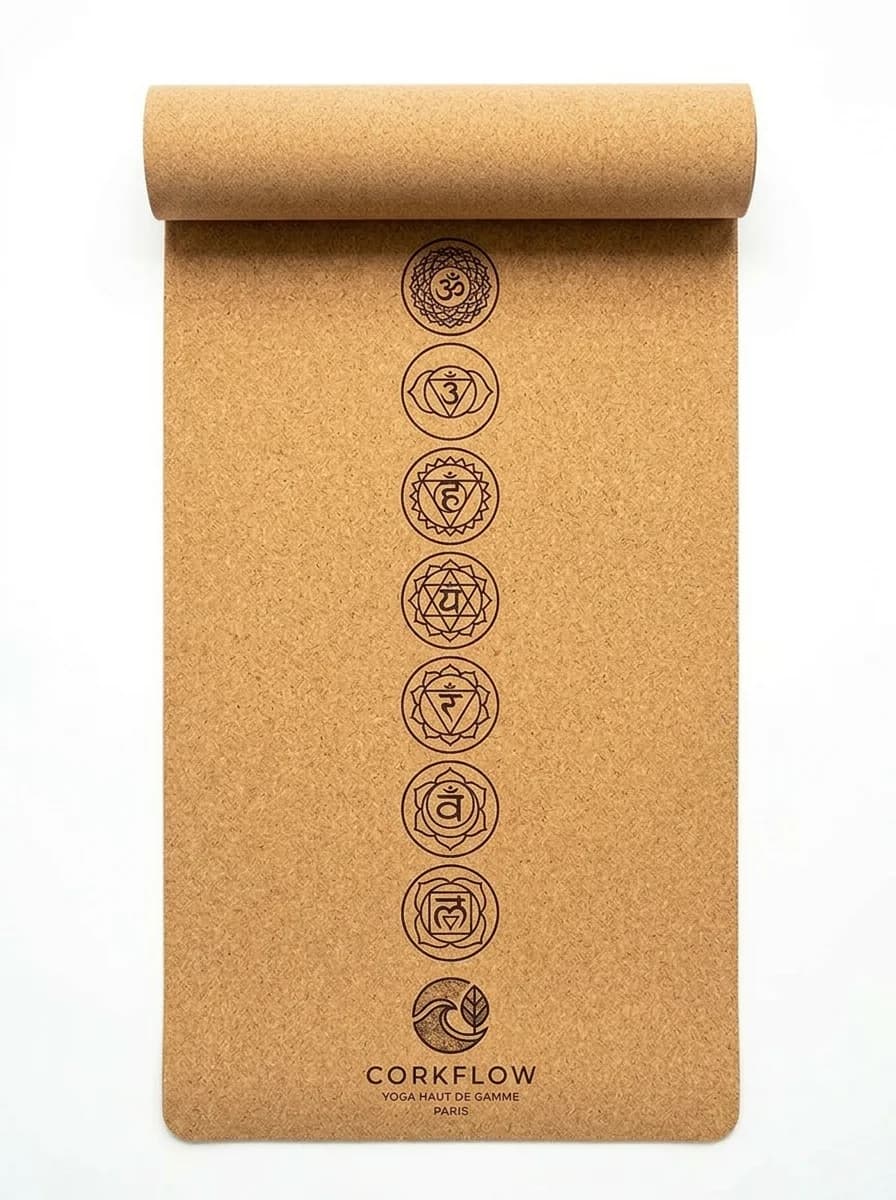Tapis de yoga liège 7 Chakras Corkflow — motif chakras gravé haute densité performance durable
