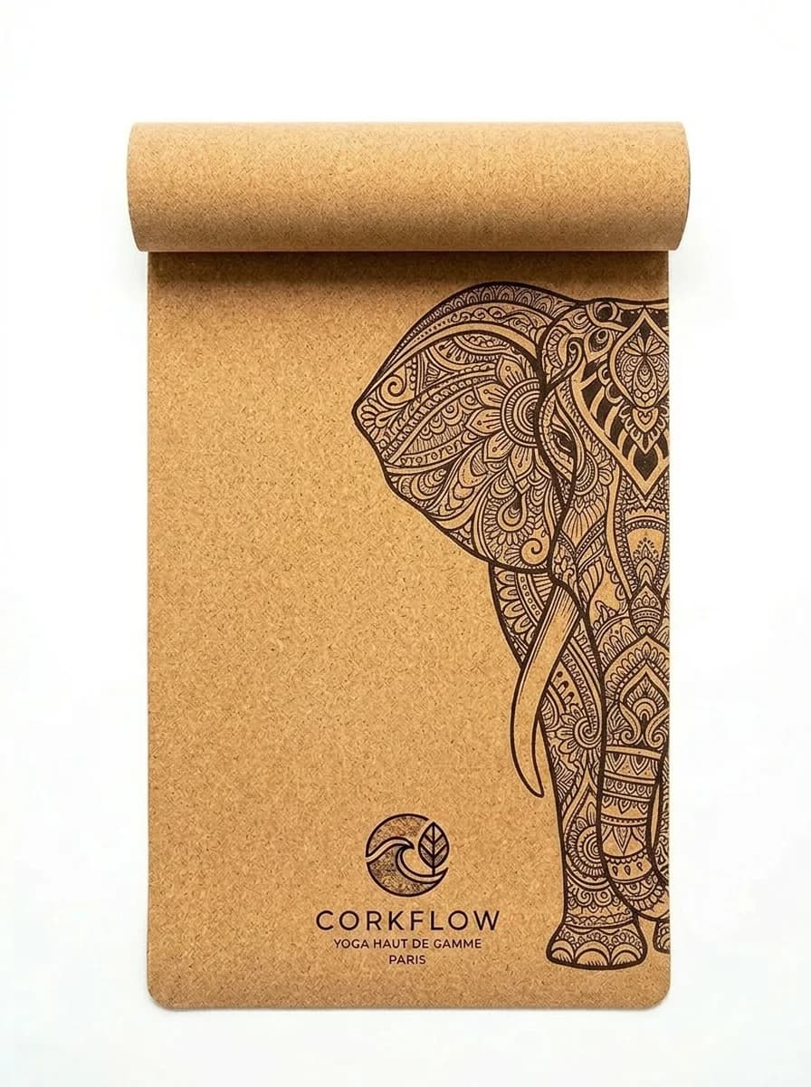 Tapis de yoga liège Éléphant Mandala Corkflow — motif mandala gravé grip naturel antidérapant