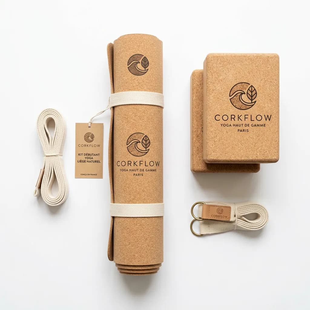 Pack débutant yoga Corkflow — tapis liège classique et bloc naturel