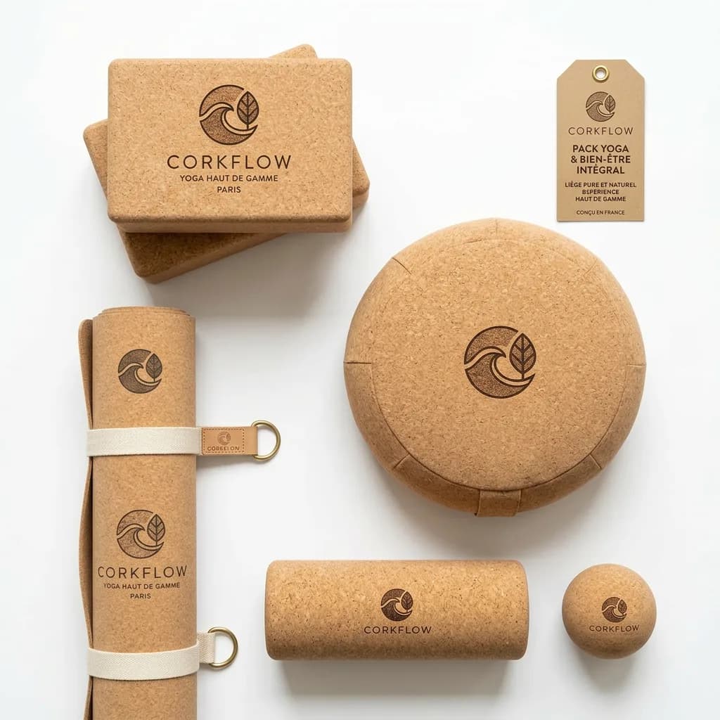 Pack yoga bien-être intégral Corkflow — équipement complet liège tapis blocs coussin rouleau
