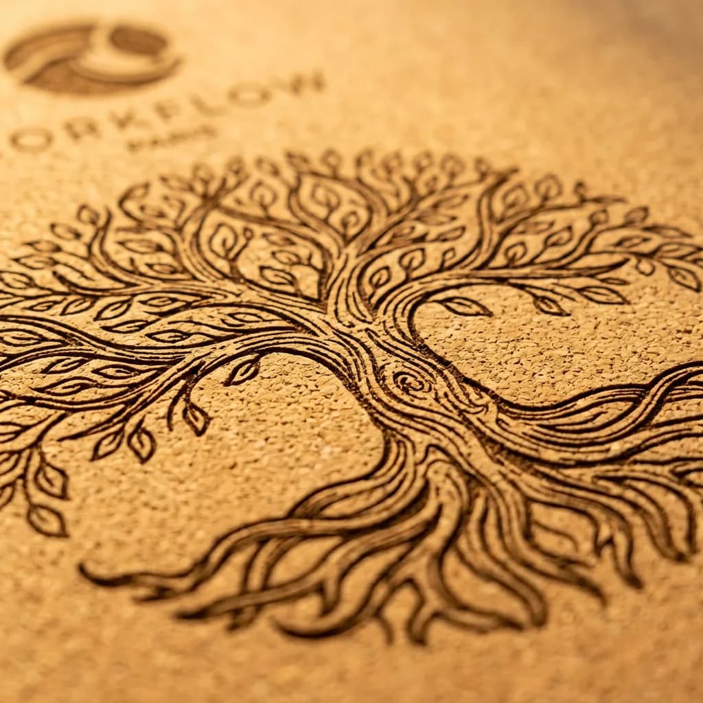 Tapis de yoga en liège Arbre de Vie Corkflow — grand format 200x80 cm design mandala — Détail texture